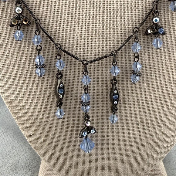 Sweet Romance Necklace Silver Tone Blue Rhinestone Drip Signed 19